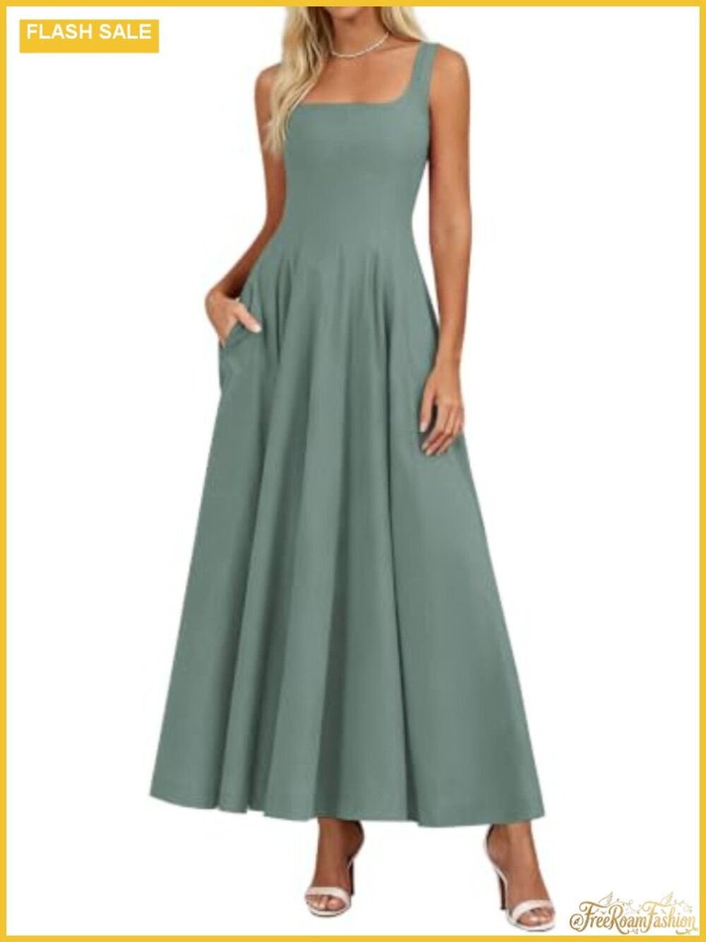 Sleeveless A-Line Midi Dress Square Neck Flowy Cocktail Wedding Guest